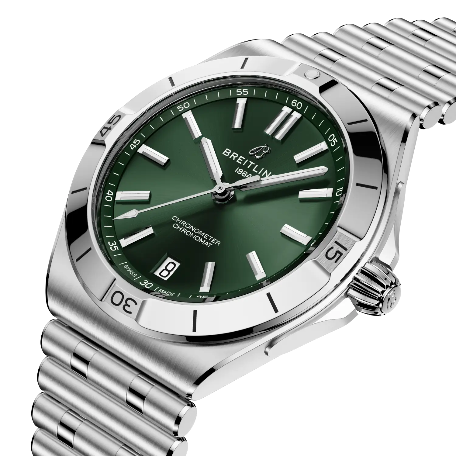 Breitling Chronomat B31 Automatic 40 reference AB3114101L1A1 with Green dial, Stainless steel case, bracelet, three-quarter view