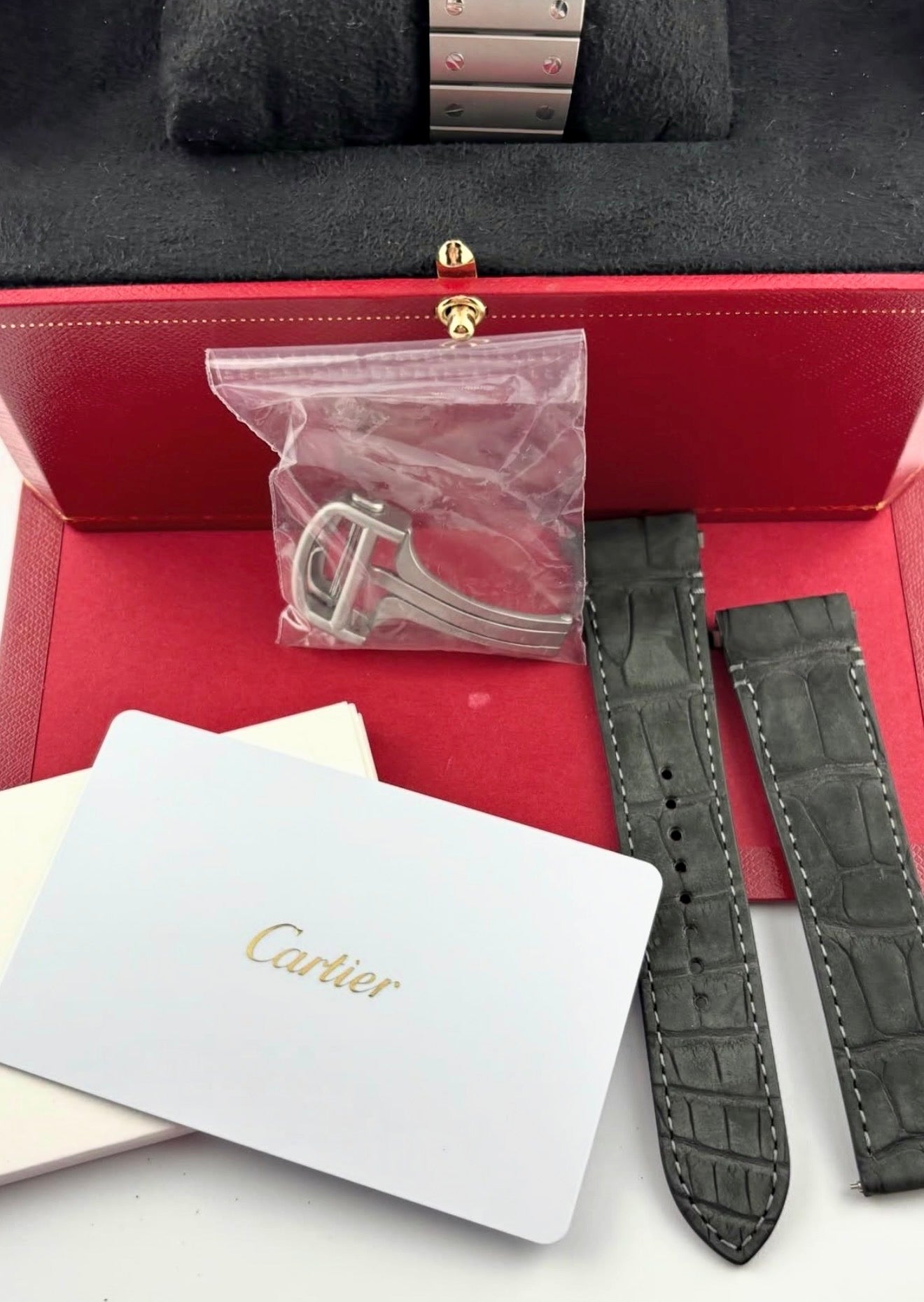 Cartier Santos WSSA0089 full set with nubuck alligator strap, deployant buckle, box and papers
