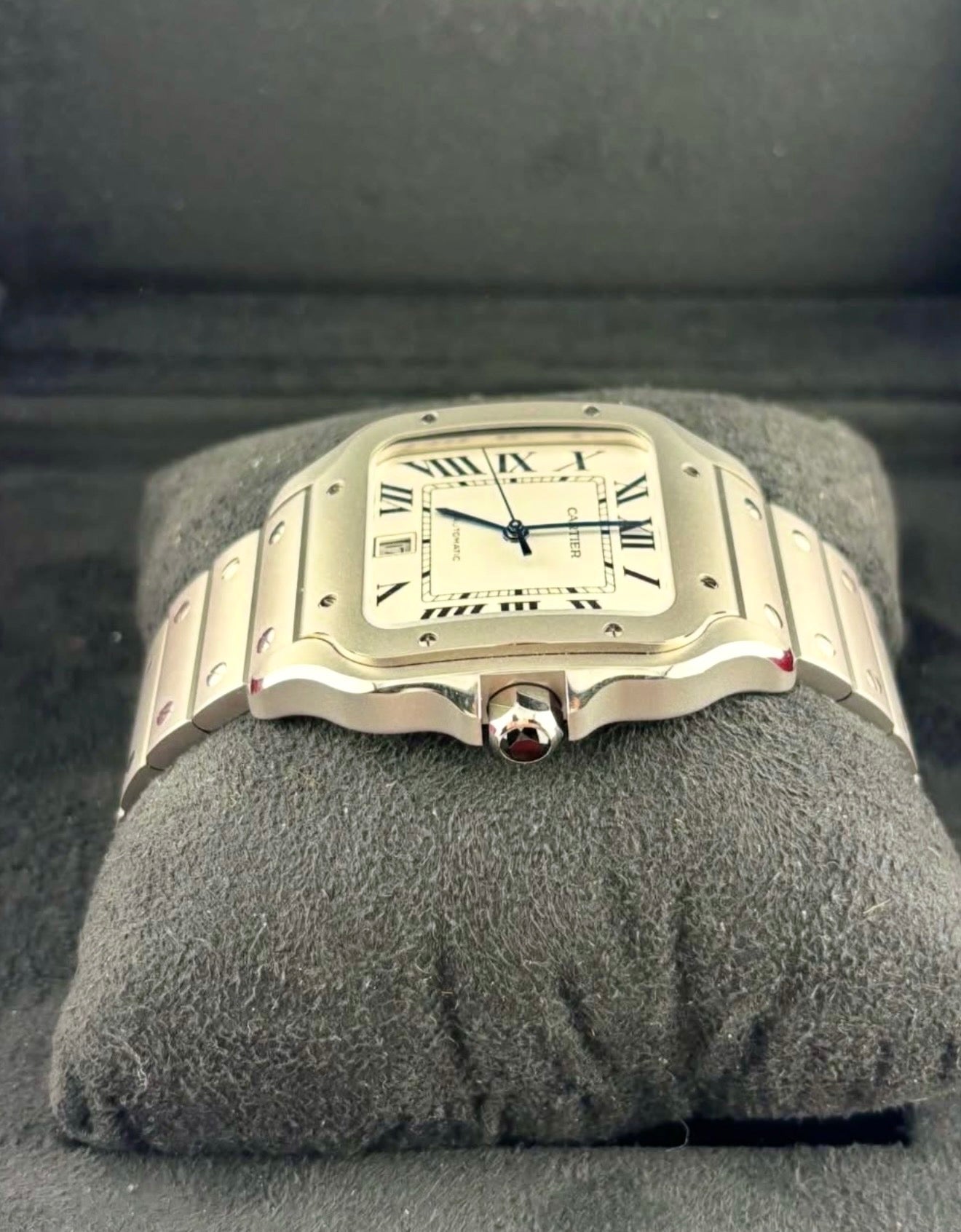 Cartier Santos WSSA0089 front view with black synthetic-spinel crown