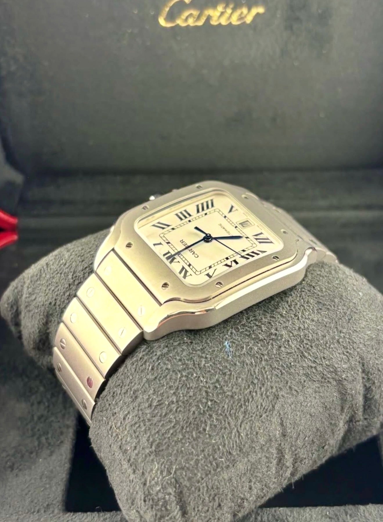 Cartier Santos WSSA0089 titanium watch, left three-quarter view