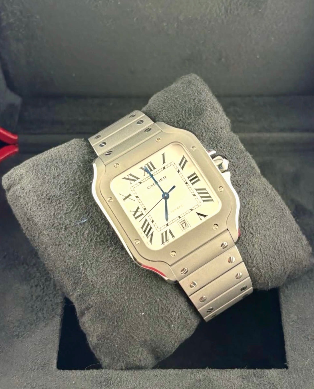 Cartier Santos de Cartier Large WSSA0089 titanium watch with silvered dial, front three-quarter view