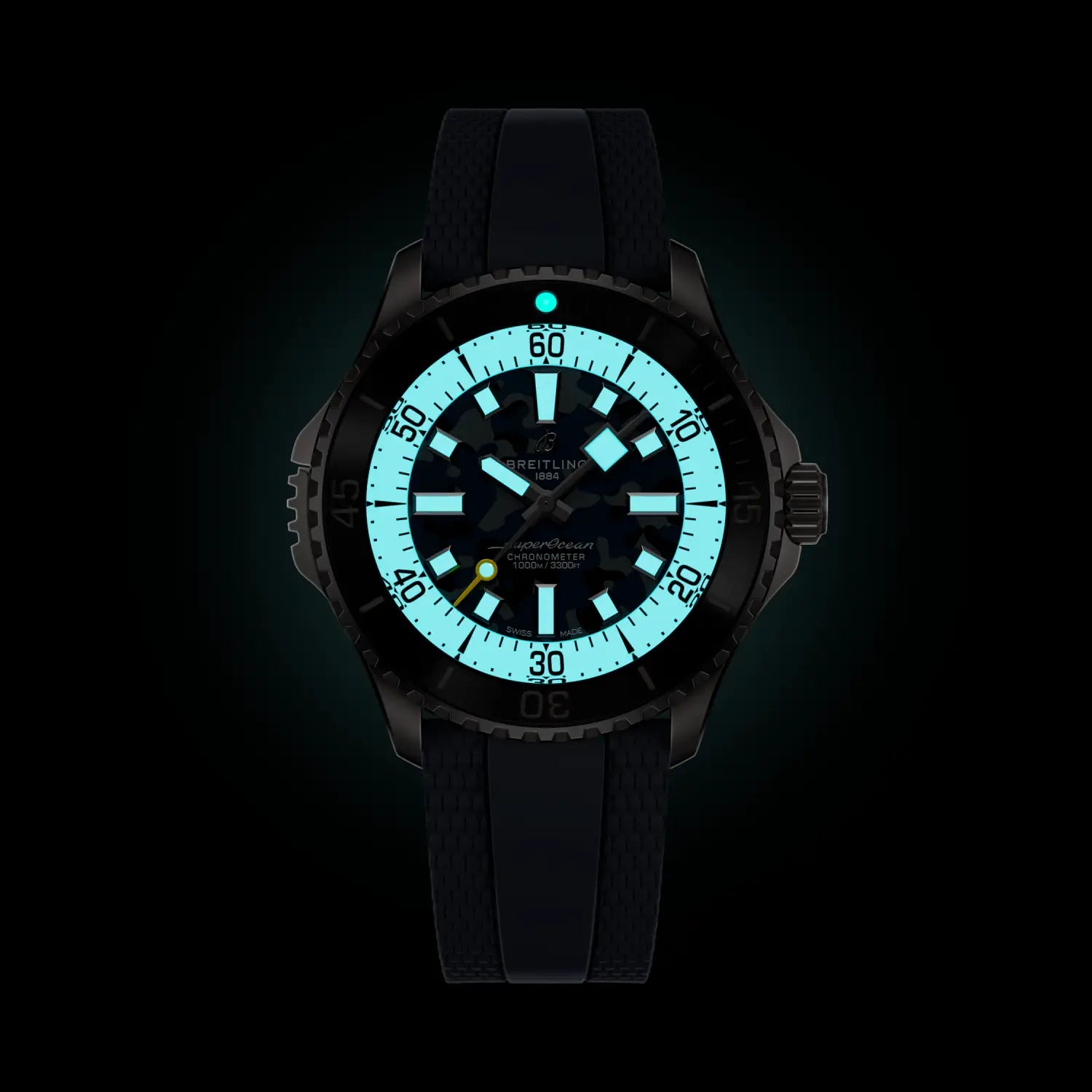 Breitling Superocean Automatic 46 Super Diver reference E10379351B1S1 with Black dial, Titanium case, rubber strap, illuminated dial view