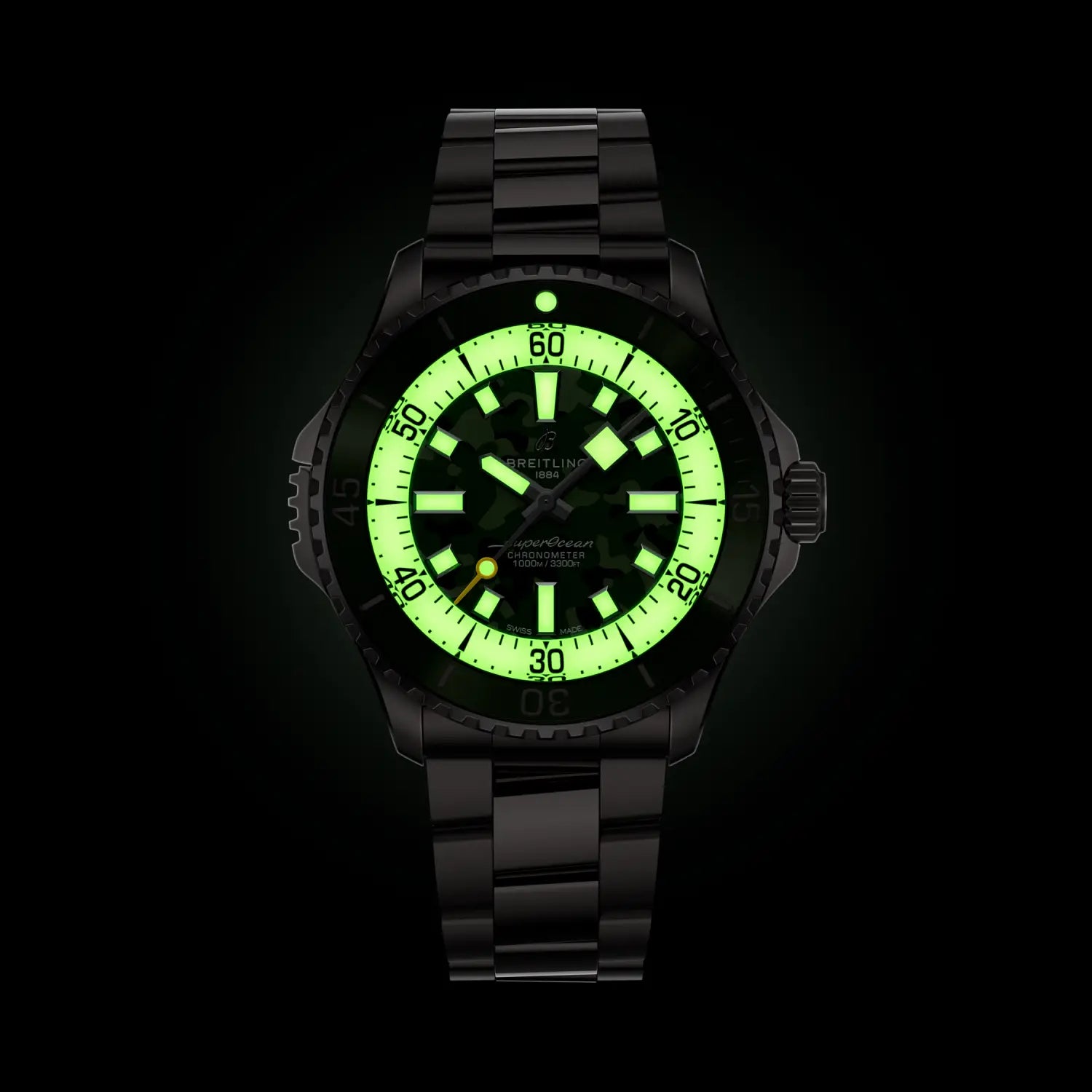 Breitling Superocean Automatic 46 Super Diver reference E10379D31L1E1 with Green dial, Titanium case, bracelet, illuminated dial view