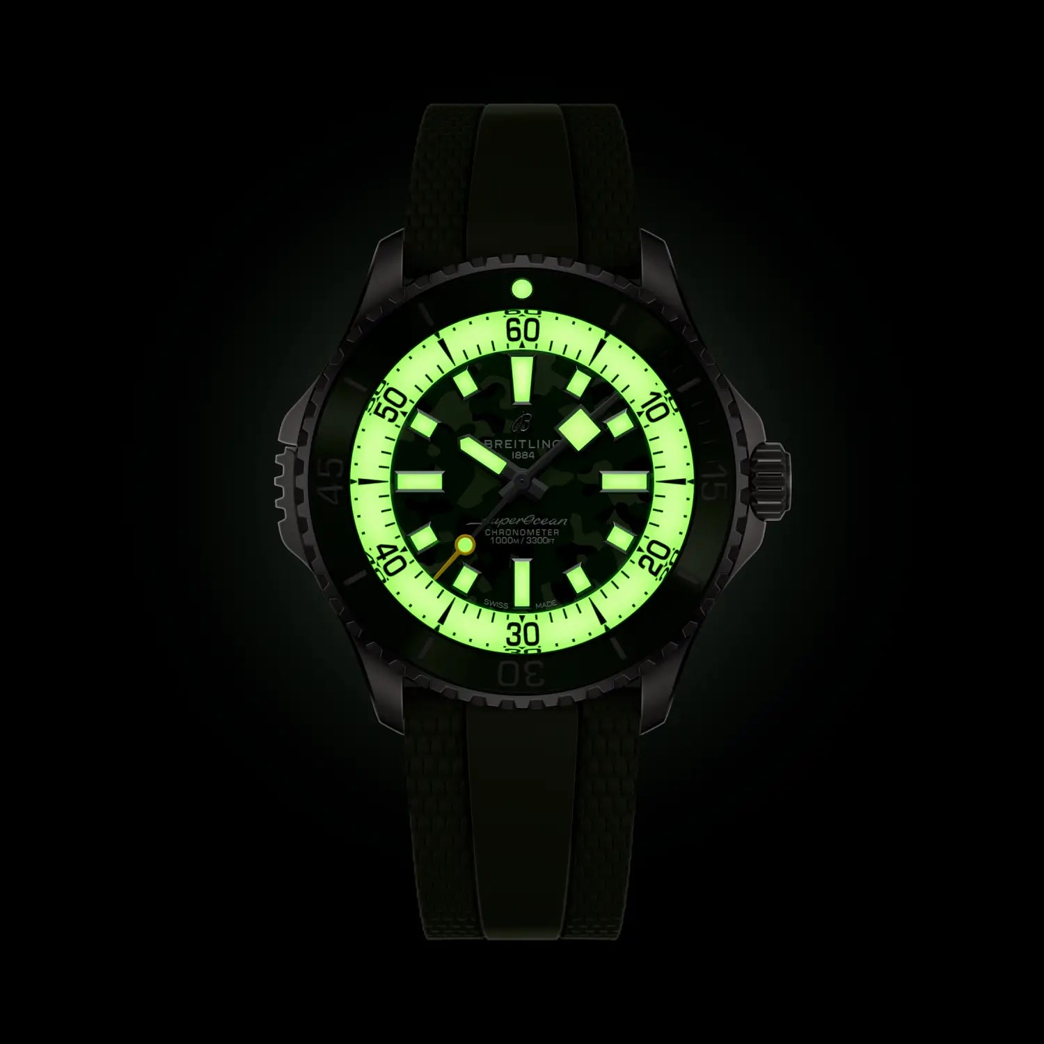 Breitling Superocean Automatic 46 Super Diver reference E10379D31L1S1 with Green dial, Titanium case, rubber strap, illuminated dial view