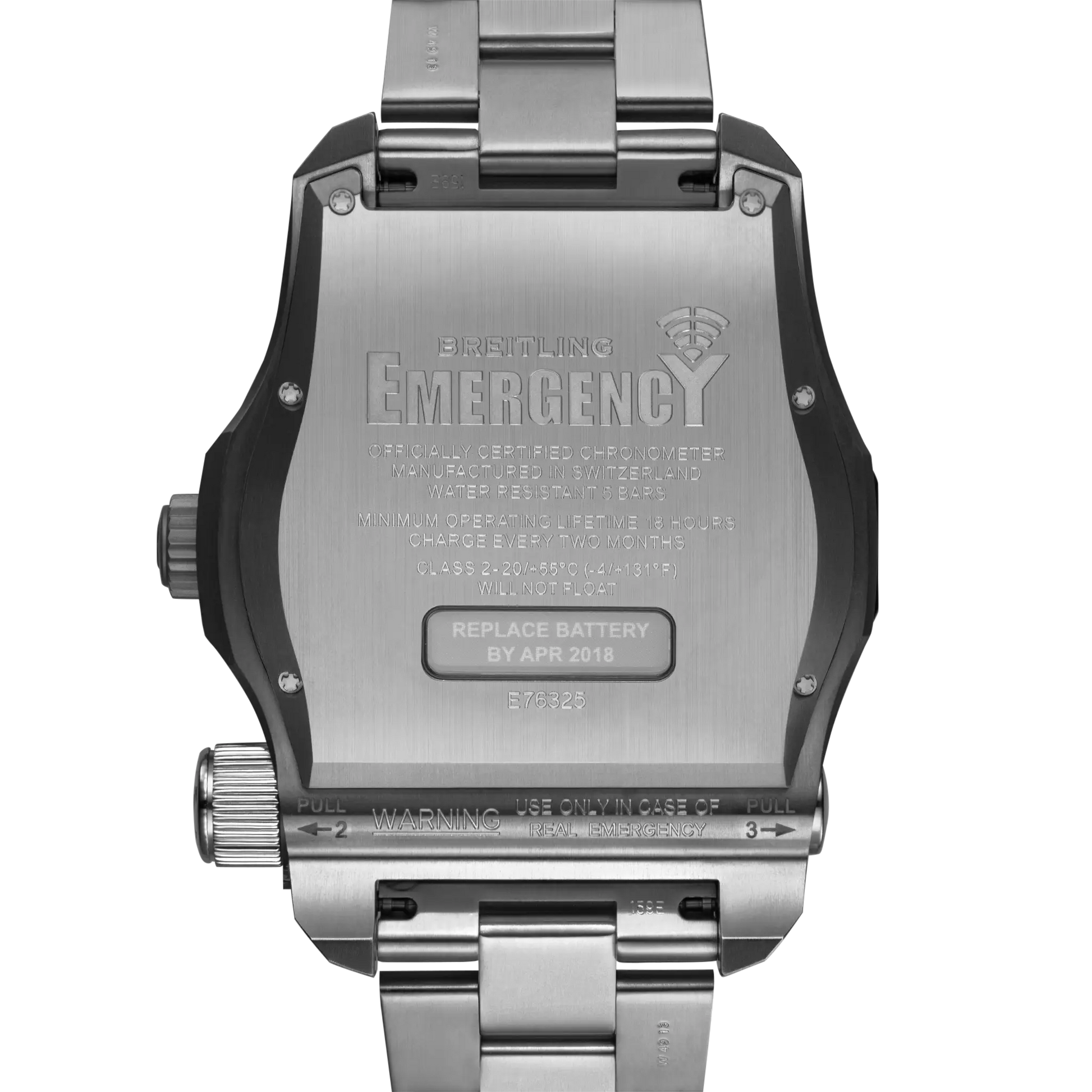 Caseback view of Breitling Emergency reference E76325221B1E1