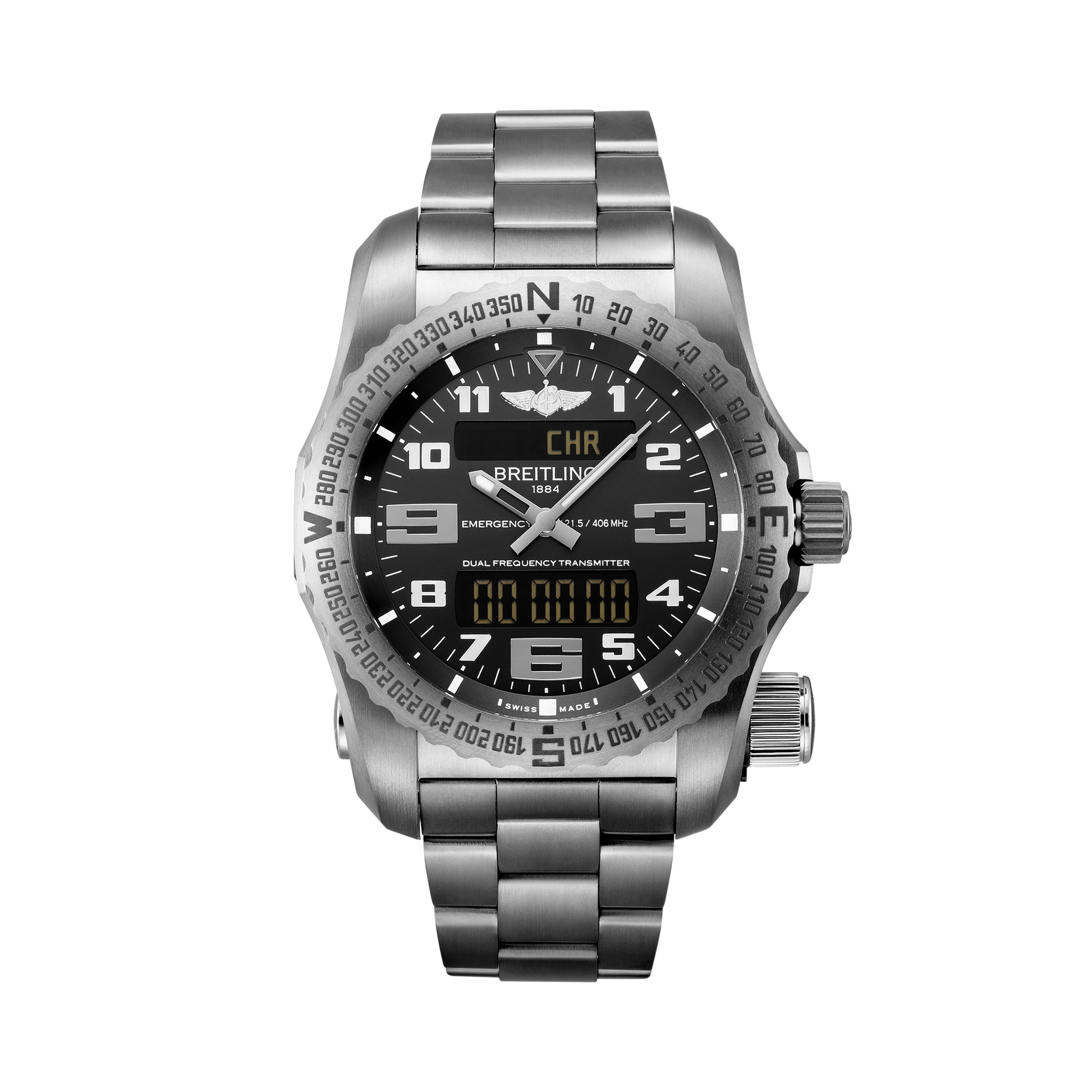 Breitling Emergency reference E76325221B1E1 with Black dial, Titanium case, bracelet, front view