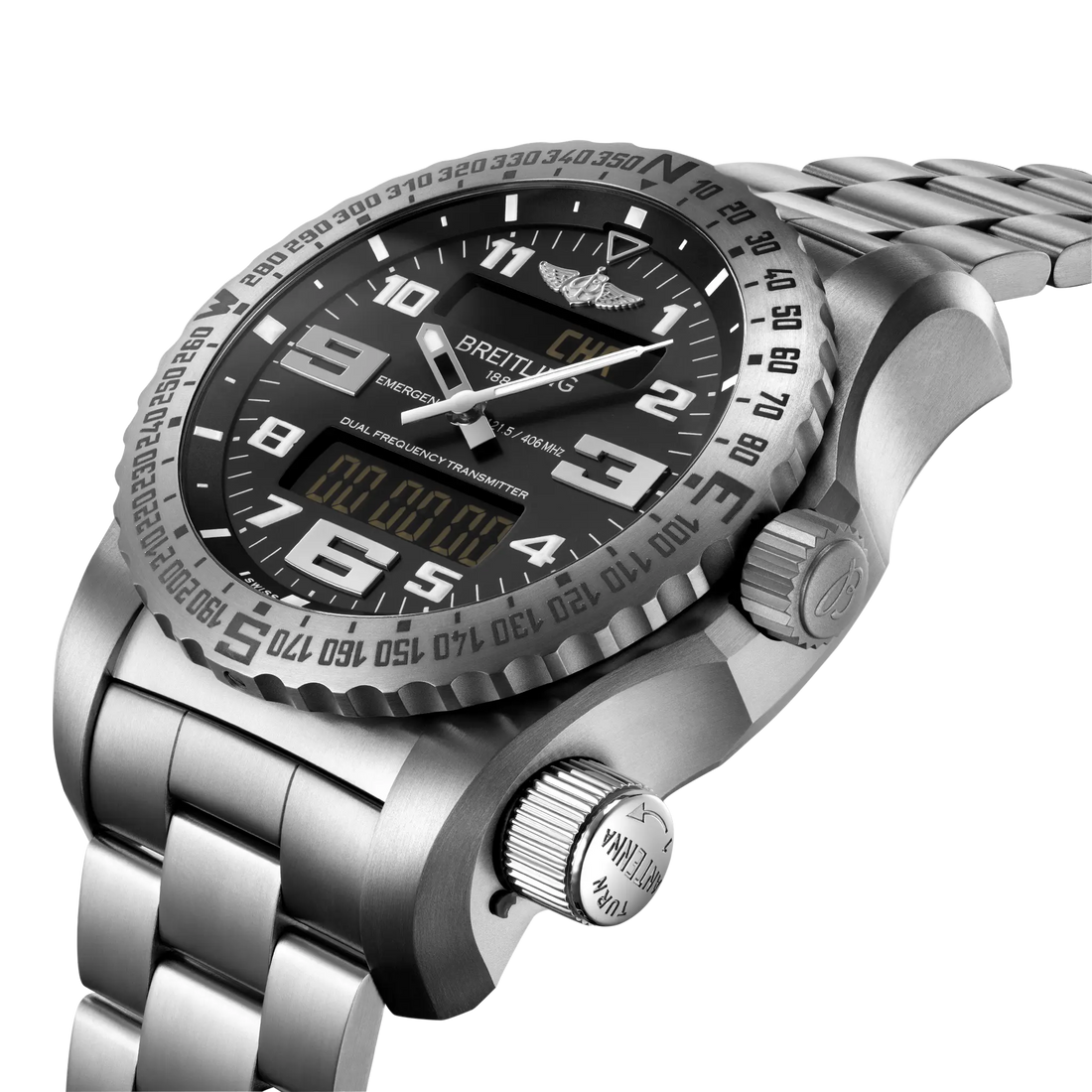 Breitling Emergency reference E76325221B1E1 with Black dial, Titanium case, bracelet, front view