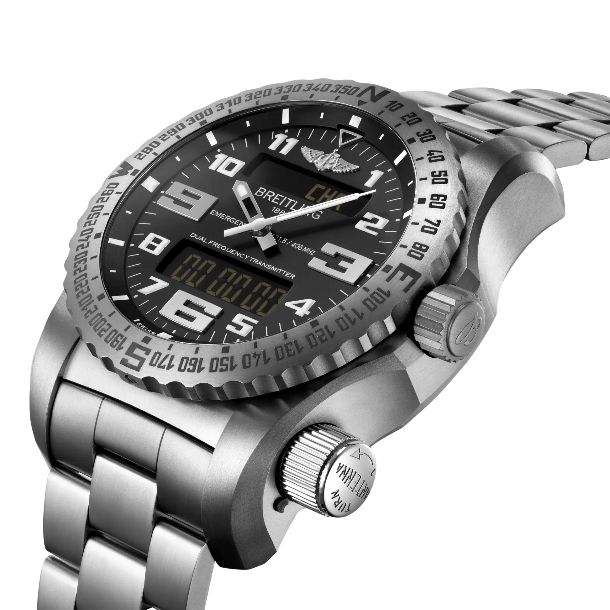 Breitling Emergency reference E76325221B1E1 with Black dial, Titanium case, bracelet, three-quarter view