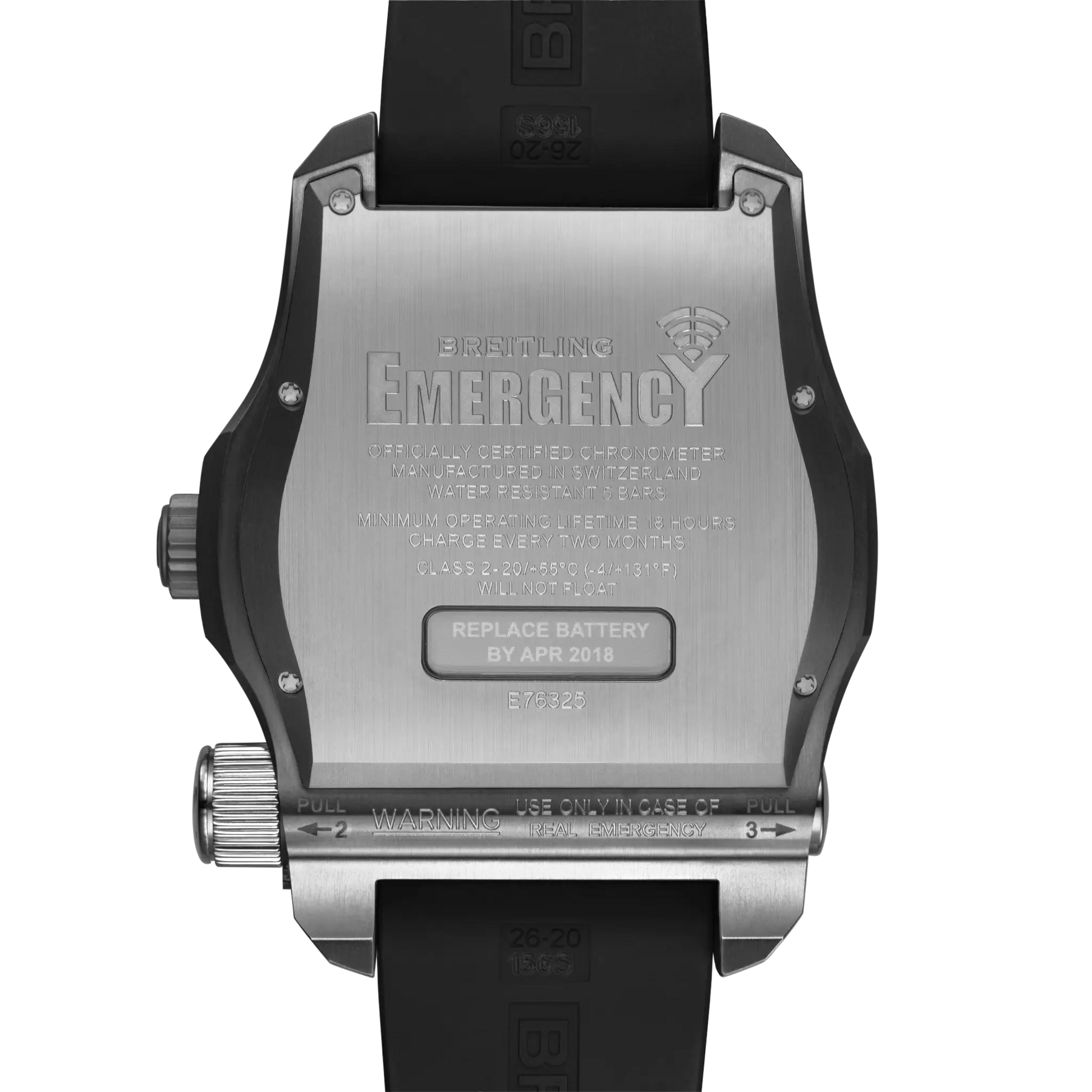 Caseback view of Breitling Emergency reference E76325221B1S1