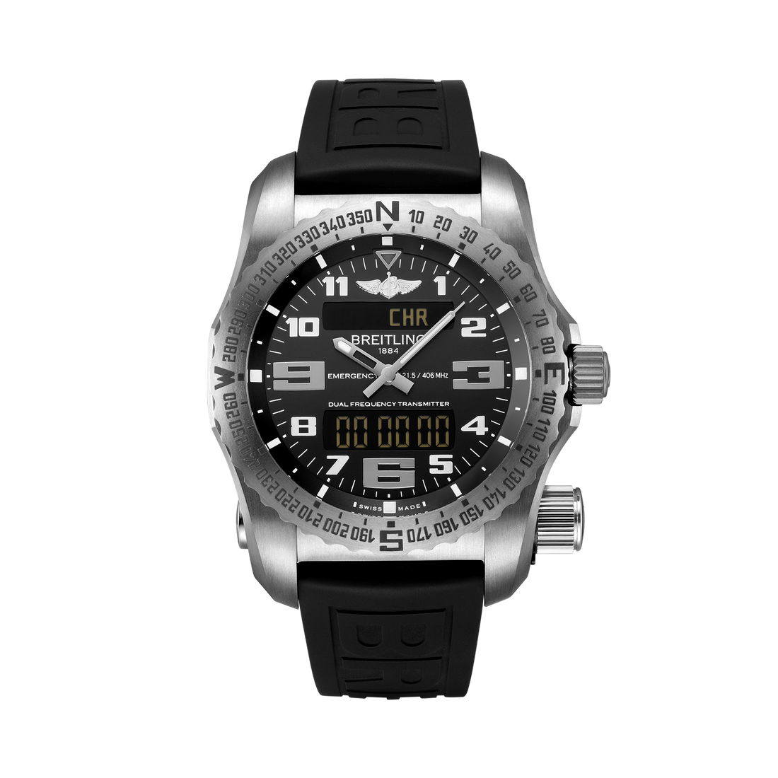 Breitling Emergency reference E76325221B1S1 with Black dial, Titanium case, rubber strap, front view