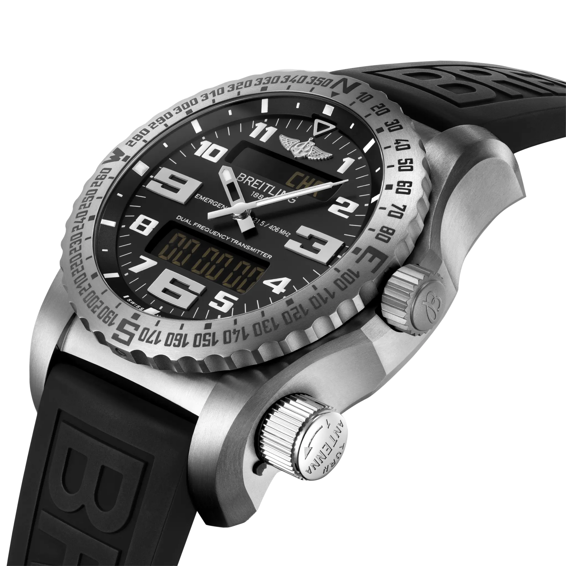 Breitling Emergency reference E76325221B1S1 with Black dial, Titanium case, rubber strap, three-quarter view