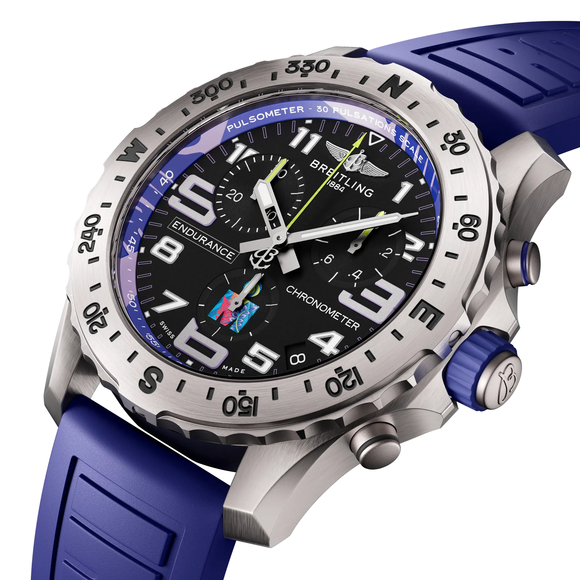 Breitling Endurance Pro 44 IRONMAN® World Championship 2024 reference E823104A1M1S1 with Anthracite dial, Titanium case, rubber strap, three-quarter view