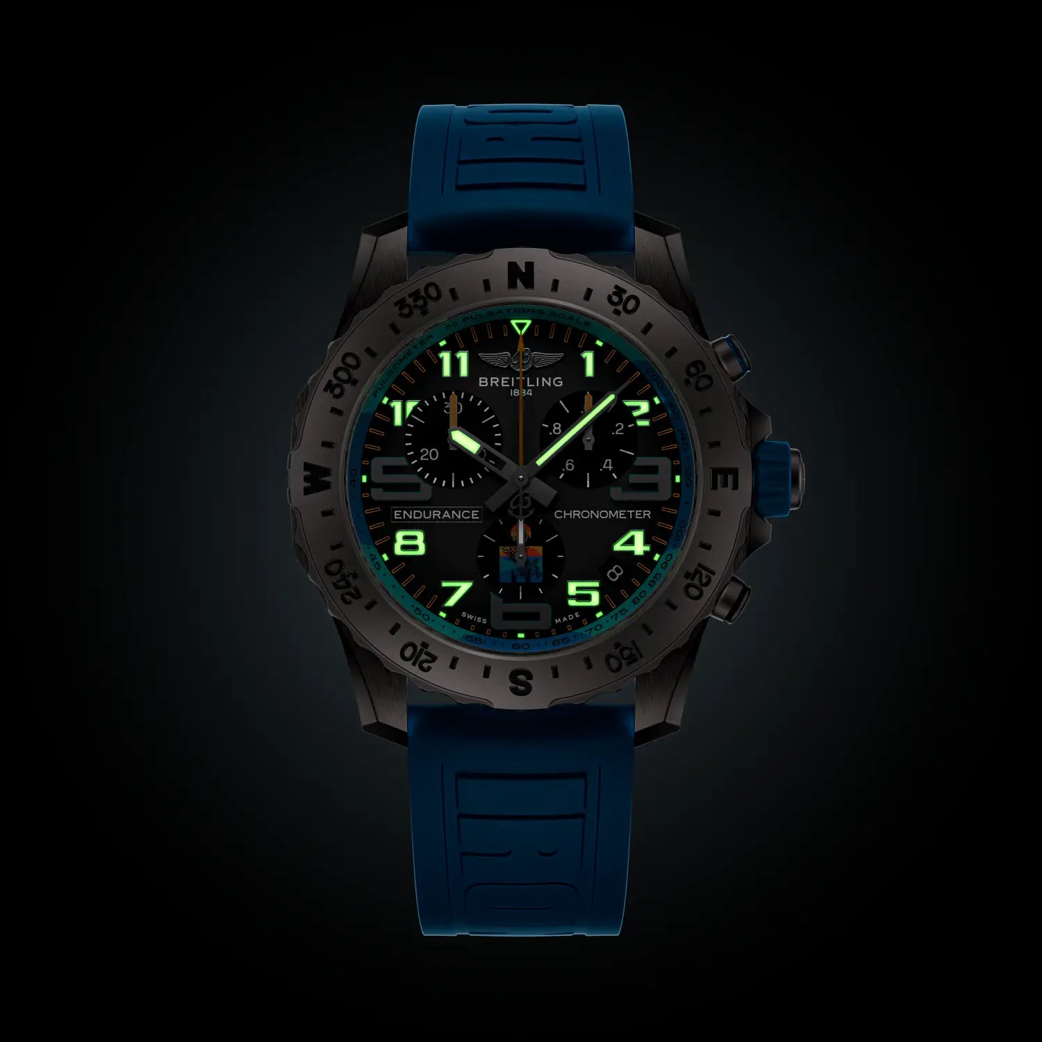 Breitling Endurance Pro IRONMAN® World Championship 2025 reference E823105A1M1S1 with Anthracite dial, Titanium case, rubber strap, illuminated dial view