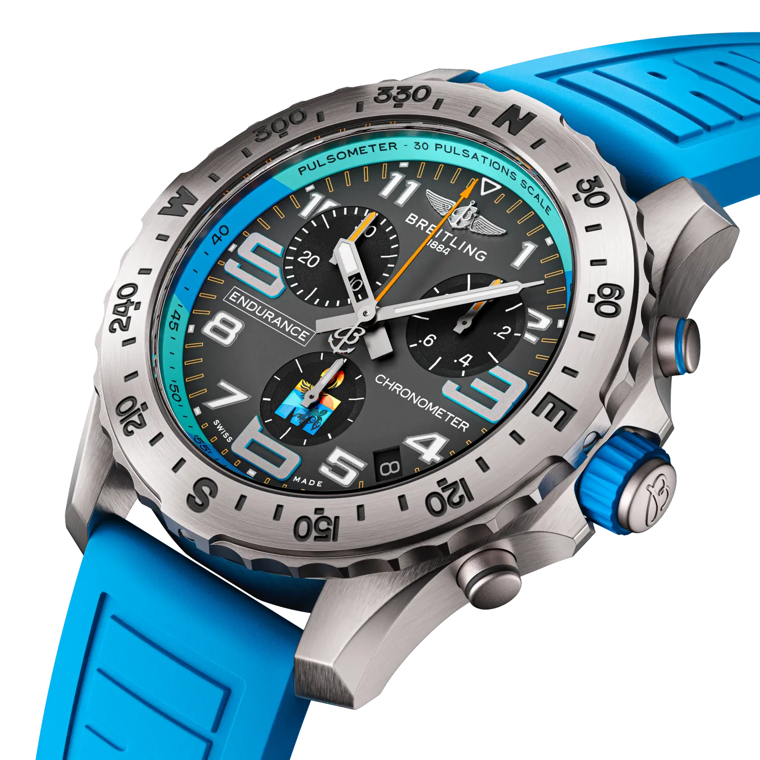 Breitling Endurance Pro IRONMAN® World Championship 2025 reference E823105A1M1S1 with Anthracite dial, Titanium case, rubber strap, three-quarter view