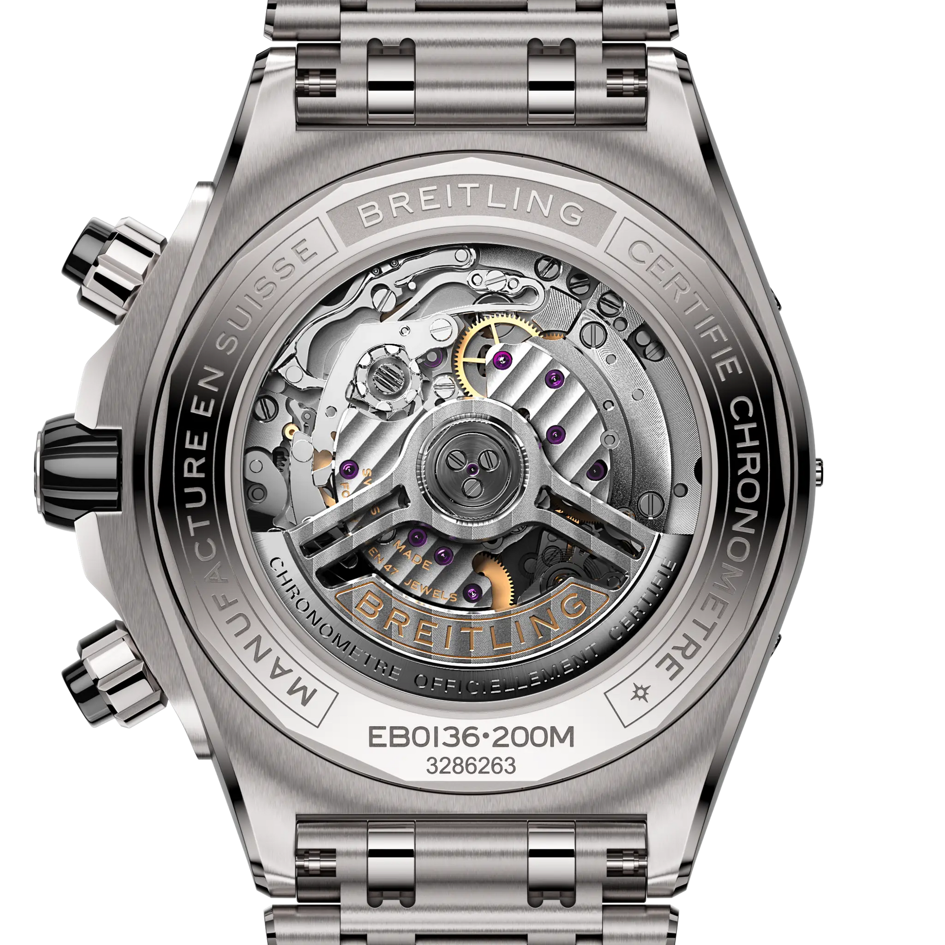 Caseback view of Breitling Super Chronomat B01 44 reference EB0136251M1E1