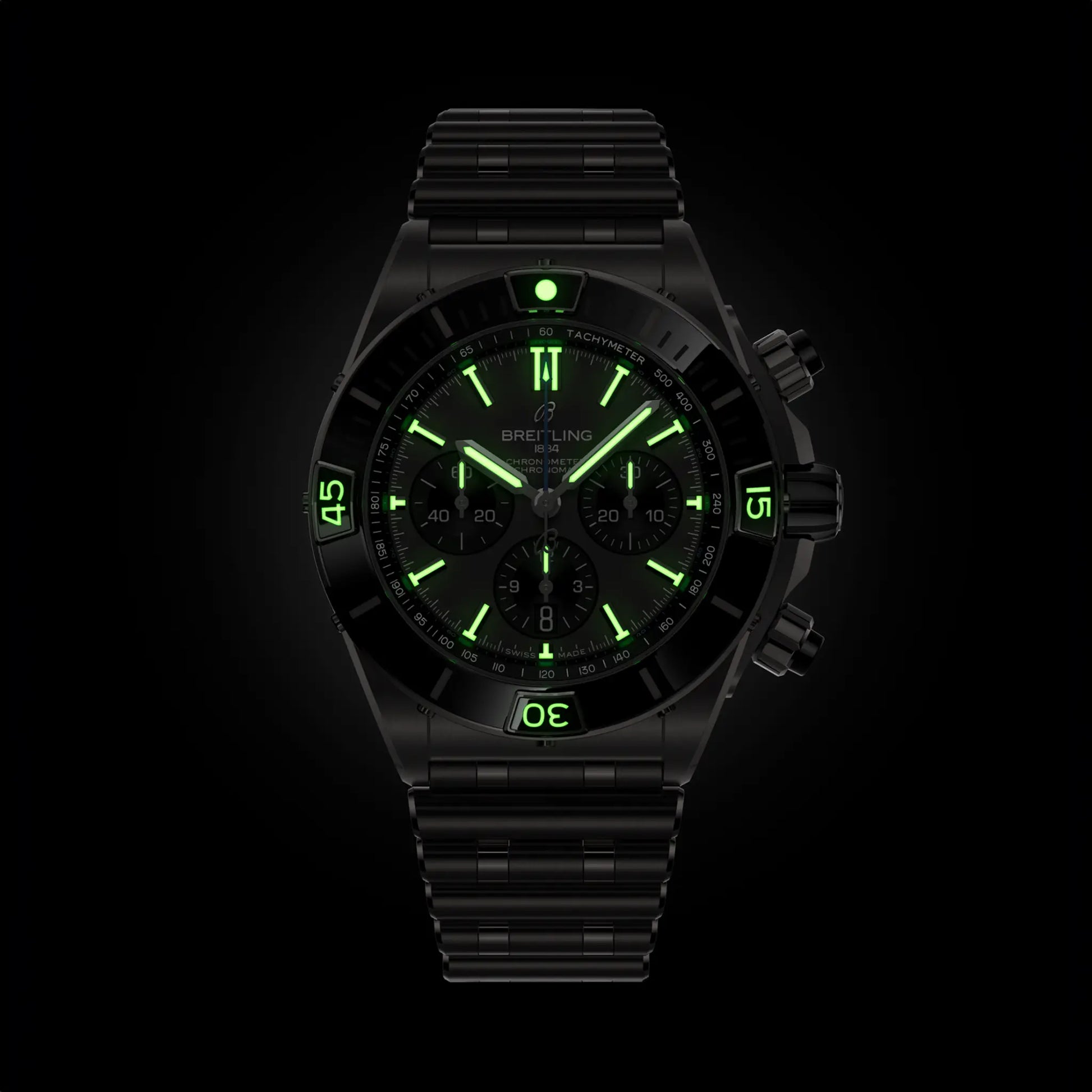Breitling Super Chronomat B01 44 reference EB0136251M1E1 with Anthracite dial, Titanium case, bracelet, illuminated dial view