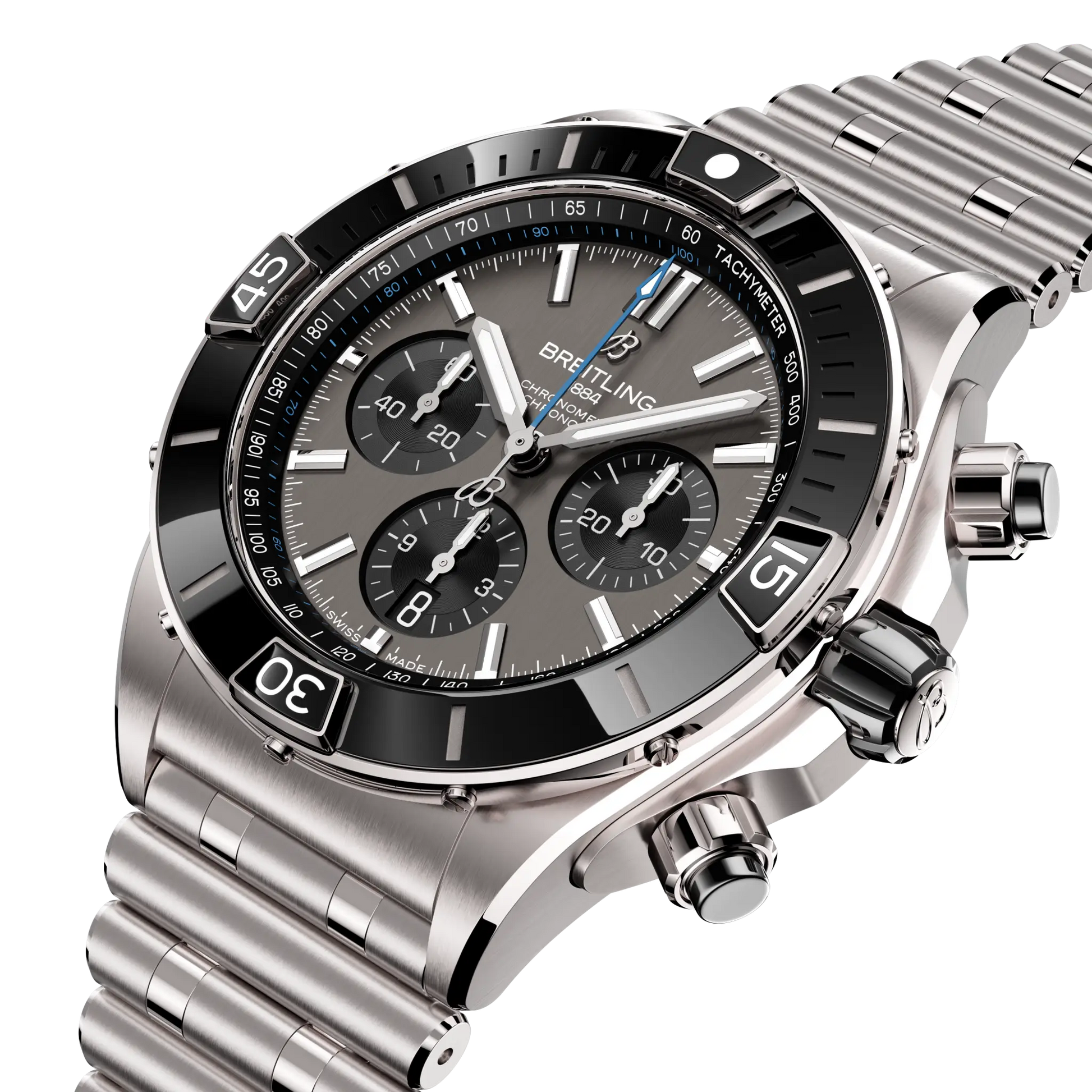 Breitling Super Chronomat B01 44 reference EB0136251M1E1 with Anthracite dial, Titanium case, bracelet, three-quarter view