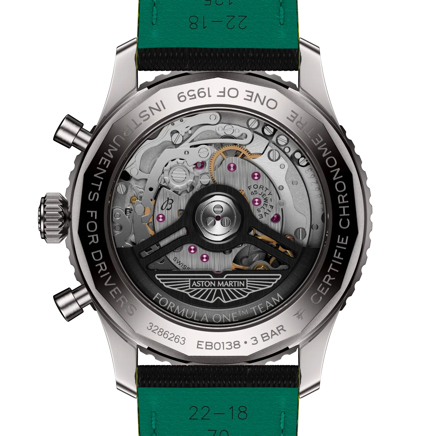 Caseback view of Breitling Navitimer B01 Chronograph 43 Aston Martin Aramco Formula ONE™ team reference EB01381A1B1X1