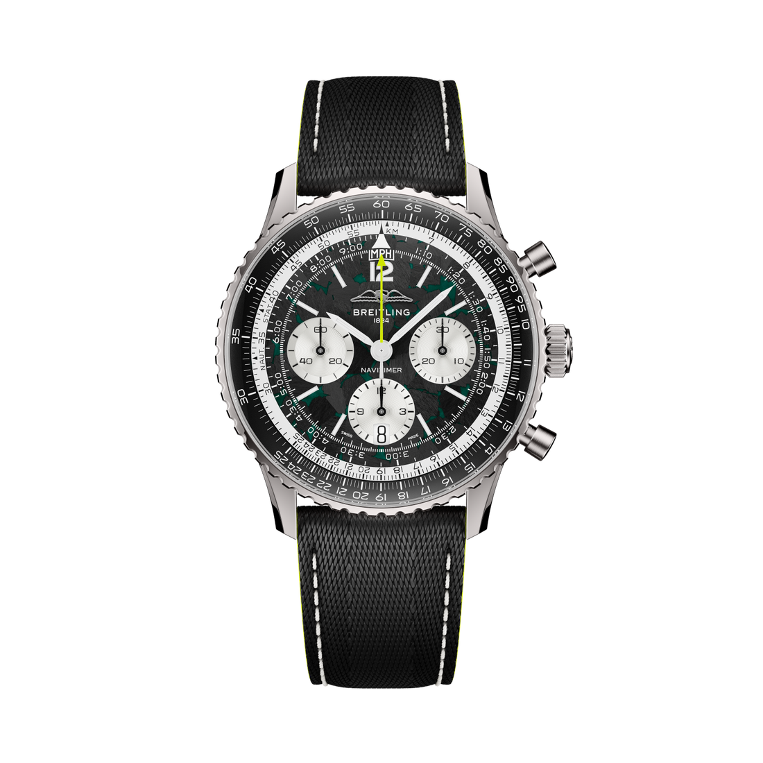 Breitling Navitimer B01 Chronograph 43 Aston Martin Aramco Formula ONE™ team reference EB01381A1B1X1 with Carbon dial, Titanium case, leather strap, front view