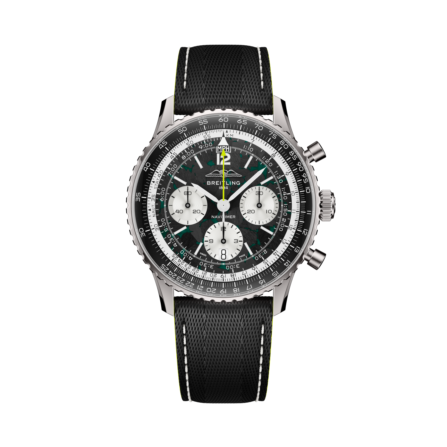 Breitling Navitimer B01 Chronograph 43 Aston Martin Aramco Formula ONE™ team reference EB01381A1B1X1 with Carbon dial, Titanium case, leather strap, front view