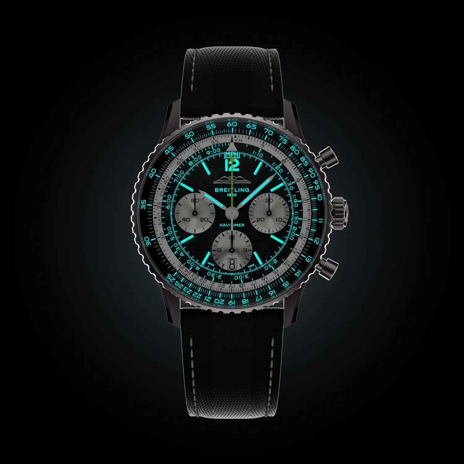 Breitling Navitimer B01 Chronograph 43 Aston Martin Aramco Formula ONE™ team reference EB01381A1B1X1 with Carbon dial, Titanium case, leather strap, illuminated dial view