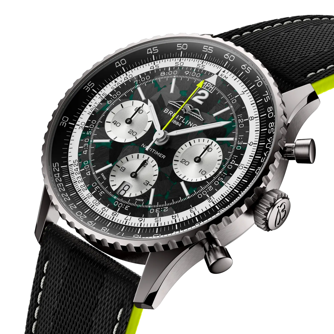 Breitling Navitimer B01 Chronograph 43 Aston Martin Aramco Formula ONE™ team reference EB01381A1B1X1 with Carbon dial, Titanium case, leather strap, three-quarter view