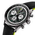 Breitling Navitimer B01 Chronograph 43 Aston Martin Aramco Formula ONE™ team reference EB01381A1B1X1 with Carbon dial, Titanium case, leather strap, three-quarter view