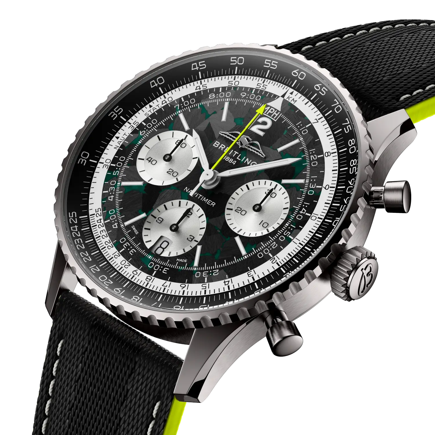 Breitling Navitimer B01 Chronograph 43 Aston Martin Aramco Formula ONE™ team reference EB01381A1B1X1 with Carbon dial, Titanium case, leather strap, three-quarter view