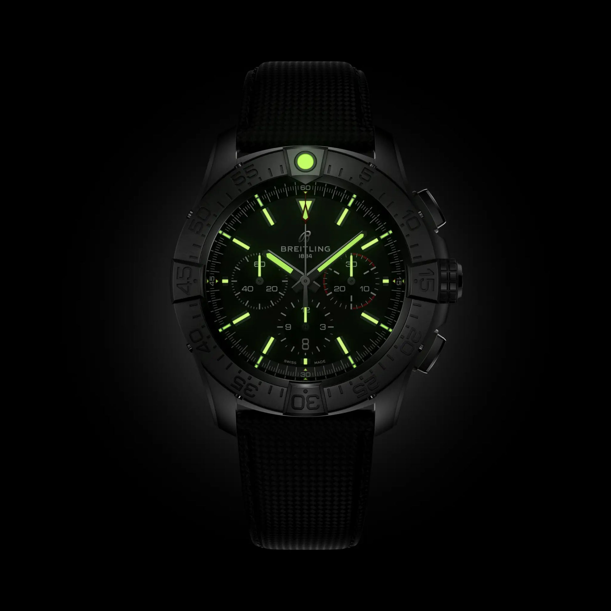 Breitling Super Avenger B01 Chronograph 46 reference EB0148101B1X1 with Black dial, Titanium case, calfskin strap, illuminated dial view