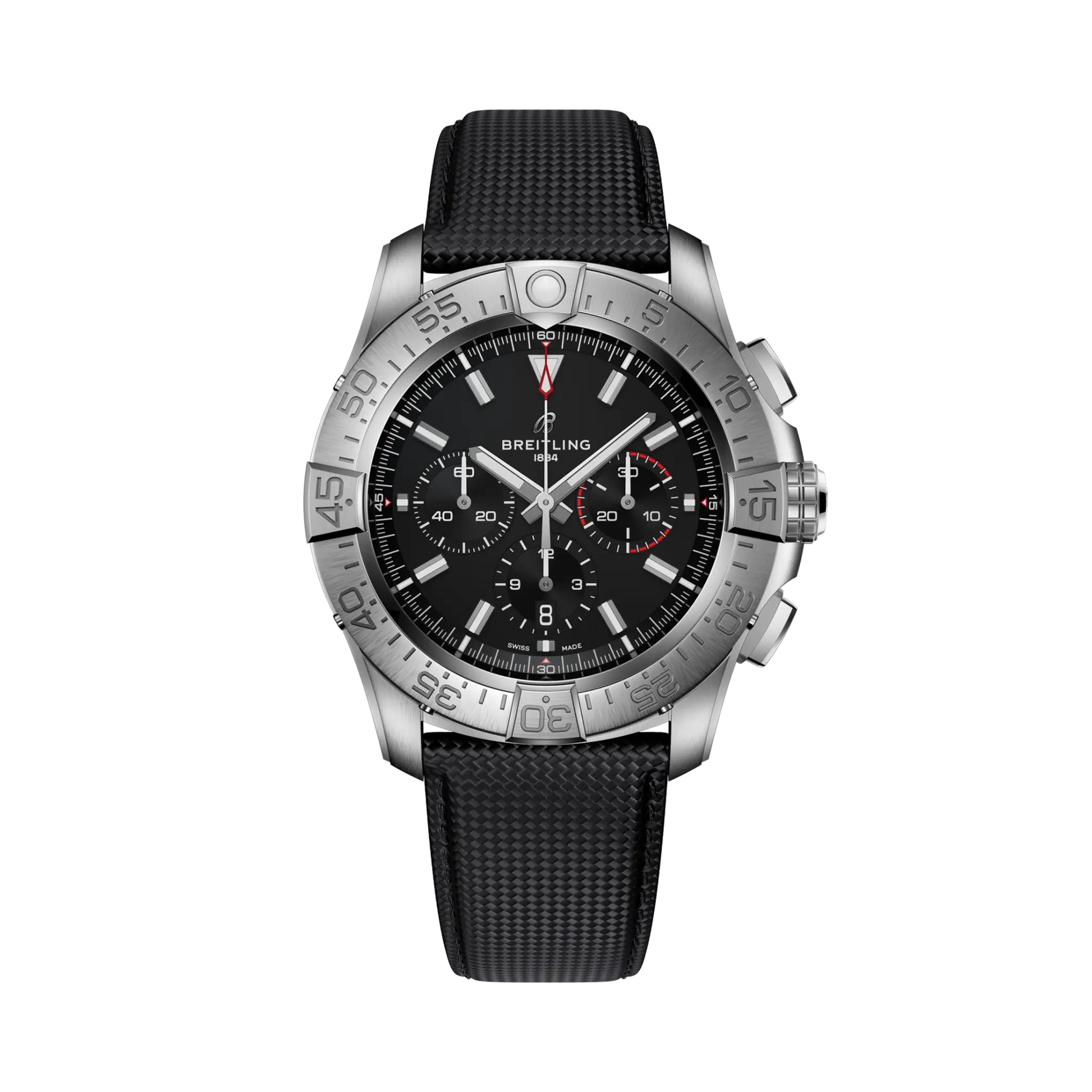Breitling Super Avenger B01 Chronograph 46 reference EB0148101B1X1 with Black dial, Titanium case, calfskin strap, front view