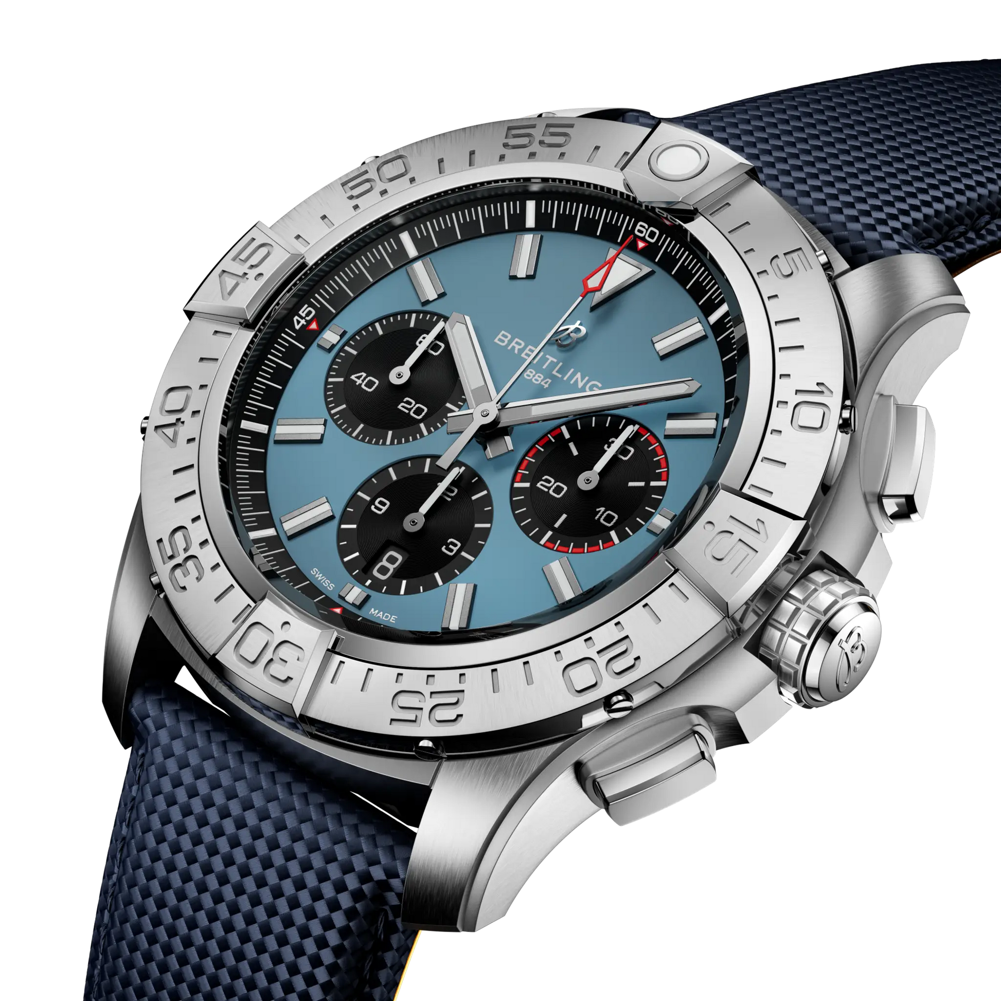 Breitling Super Avenger B01 Chronograph 46 reference EB0148101C1X1 with Blue dial, Titanium case, calfskin strap, three-quarter view