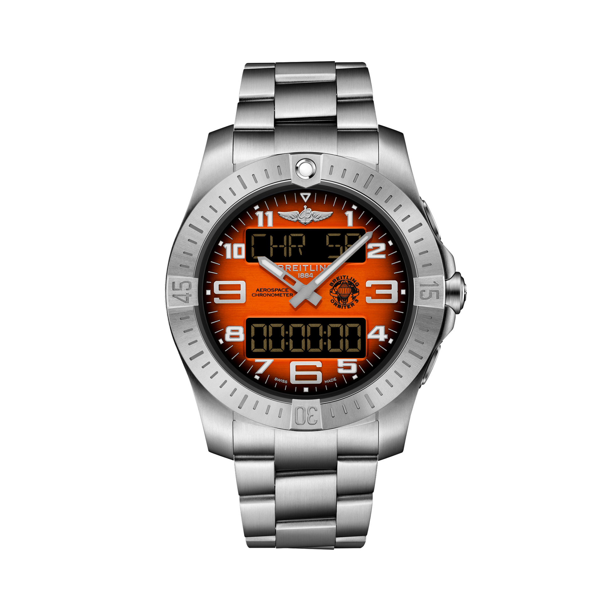 Breitling Aerospace B70 Orbiter reference EB70101A1O1E1 with Orange dial, Titanium case, bracelet, front view