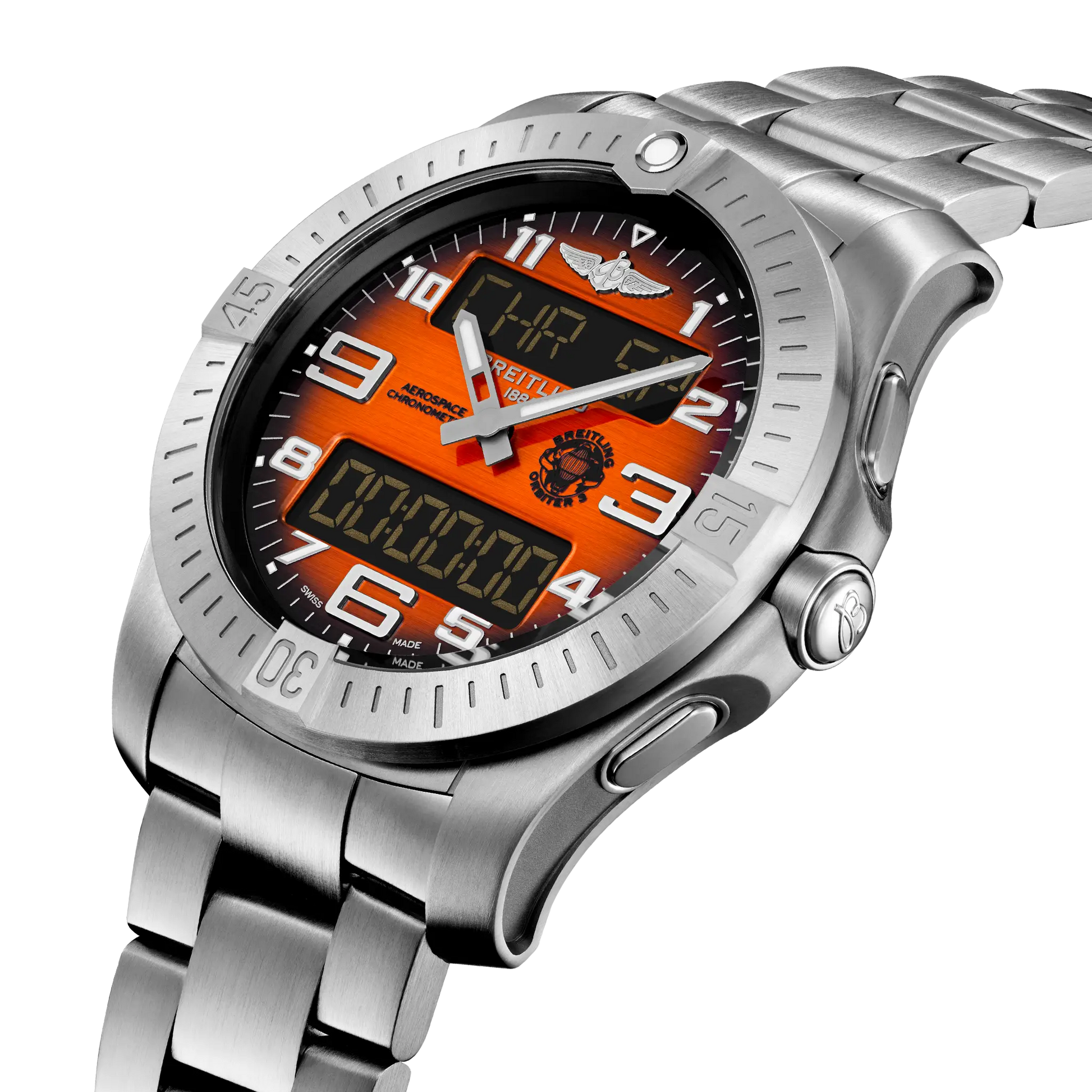 Breitling Aerospace B70 Orbiter reference EB70101A1O1E1 with Orange dial, Titanium case, bracelet, three-quarter view