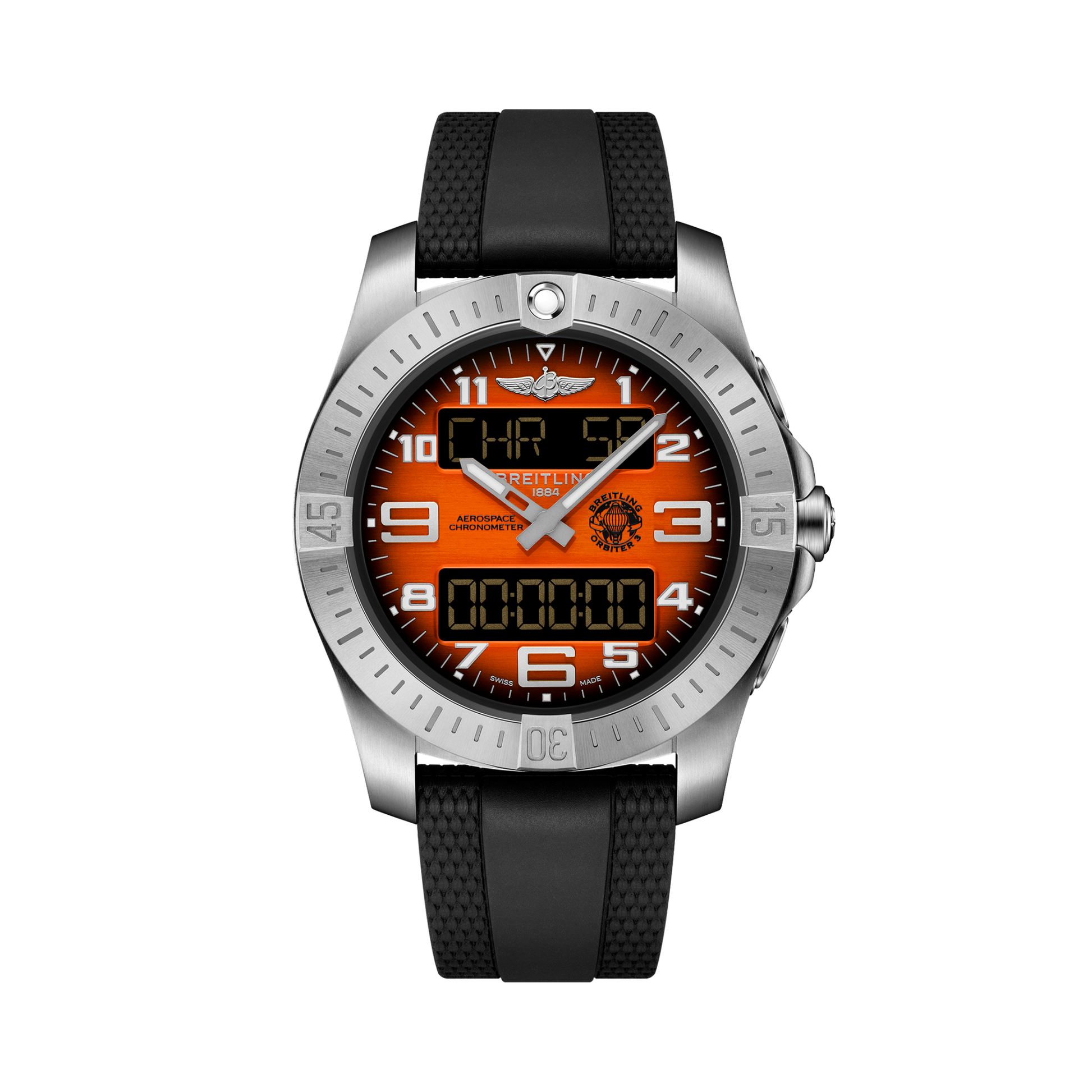 Breitling Aerospace B70 Orbiter reference EB70101A1O1S1 with Orange dial, Titanium case, rubber strap, front view