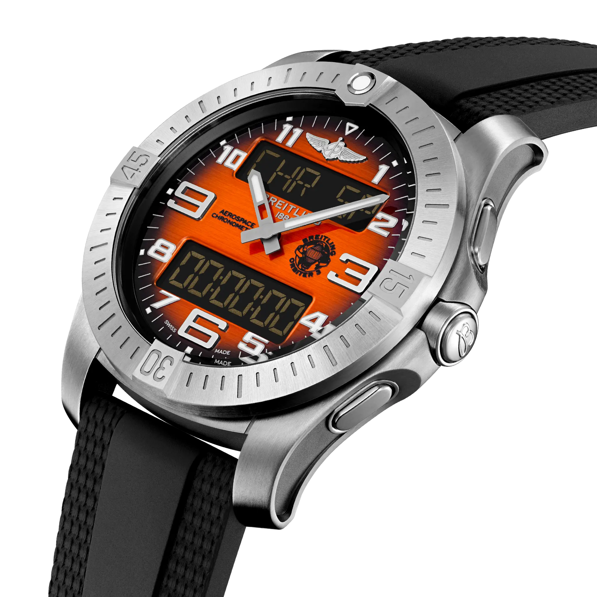 Breitling Aerospace B70 Orbiter reference EB70101A1O1S1 with Orange dial, Titanium case, rubber strap, three-quarter view