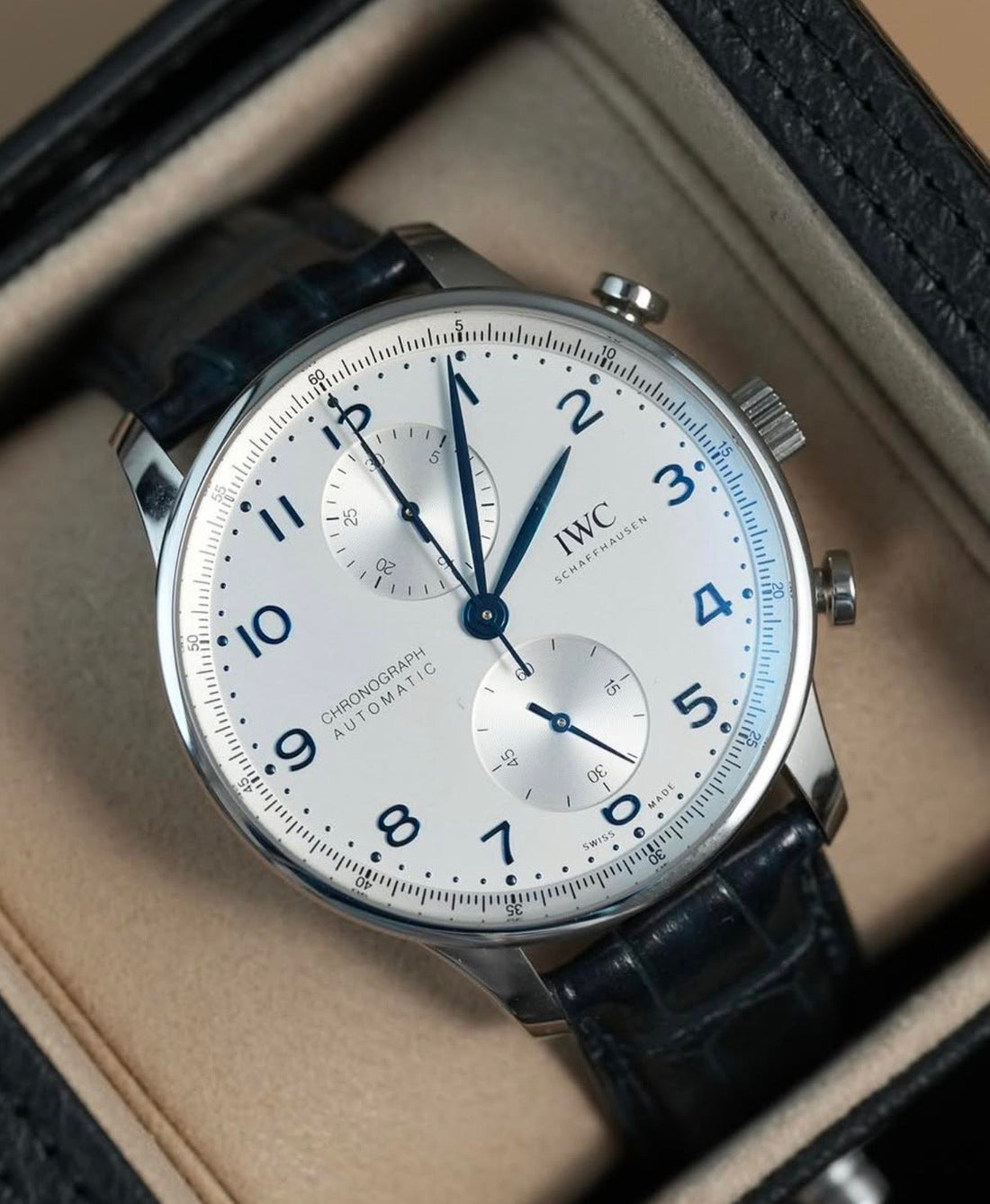 IWC Portugieser Chronograph IW371605 silver dial three-quarter view