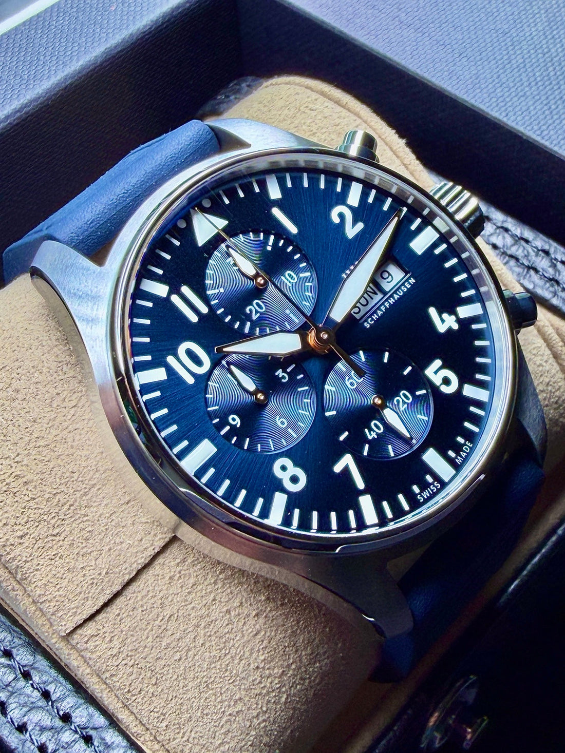 IWC Pilot’s Watch Chronograph Le Petit Prince IW378011 blue dial three-quarter view