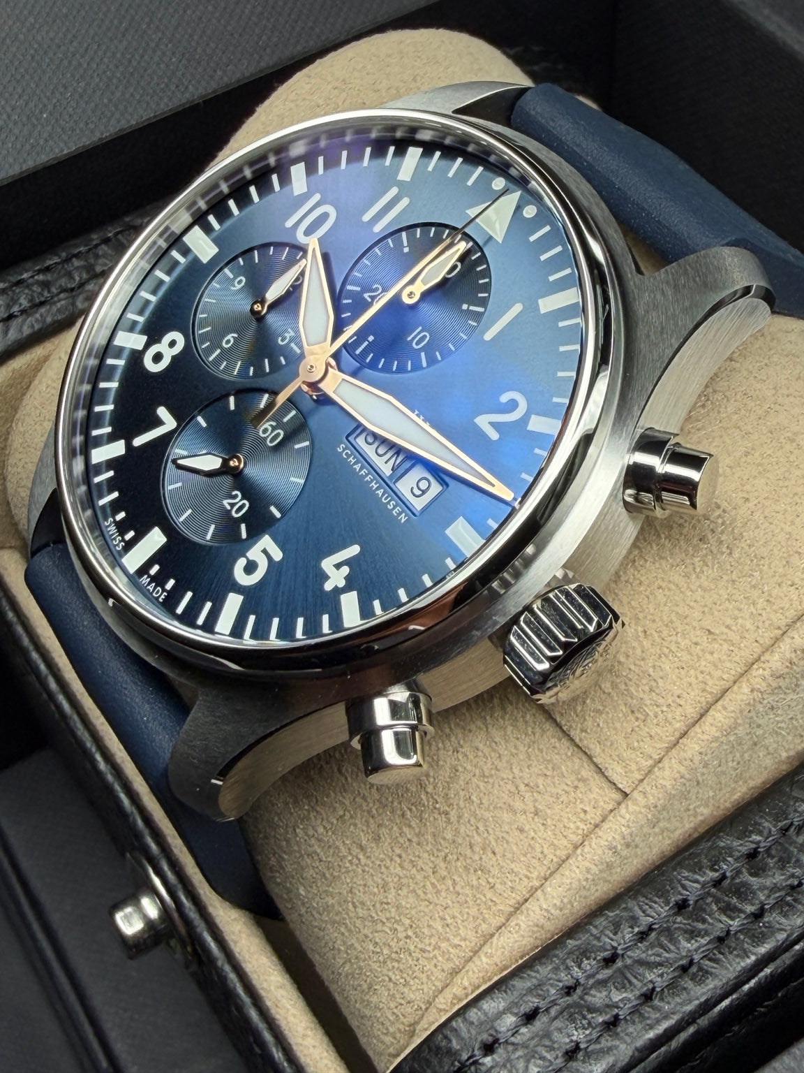 IWC Pilot’s Watch Chronograph Le Petit Prince IW378011 angled case and dial view