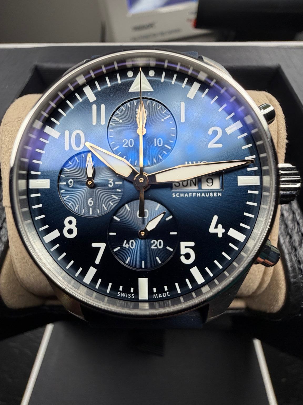 IWC IW378011 blue chronograph dial and subdials straight-on view
