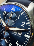 IWC IW378011 blue sunray dial, luminous hands and day-date display detail