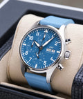 IWC IW388117 light blue chronograph dial and stainless-steel case angled view