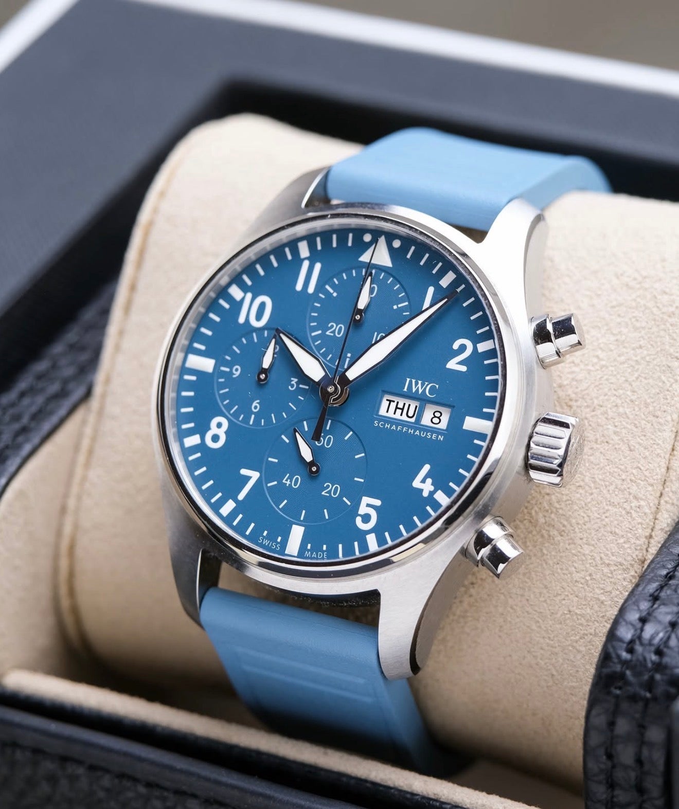 IWC IW388117 light blue chronograph dial and stainless-steel case angled view