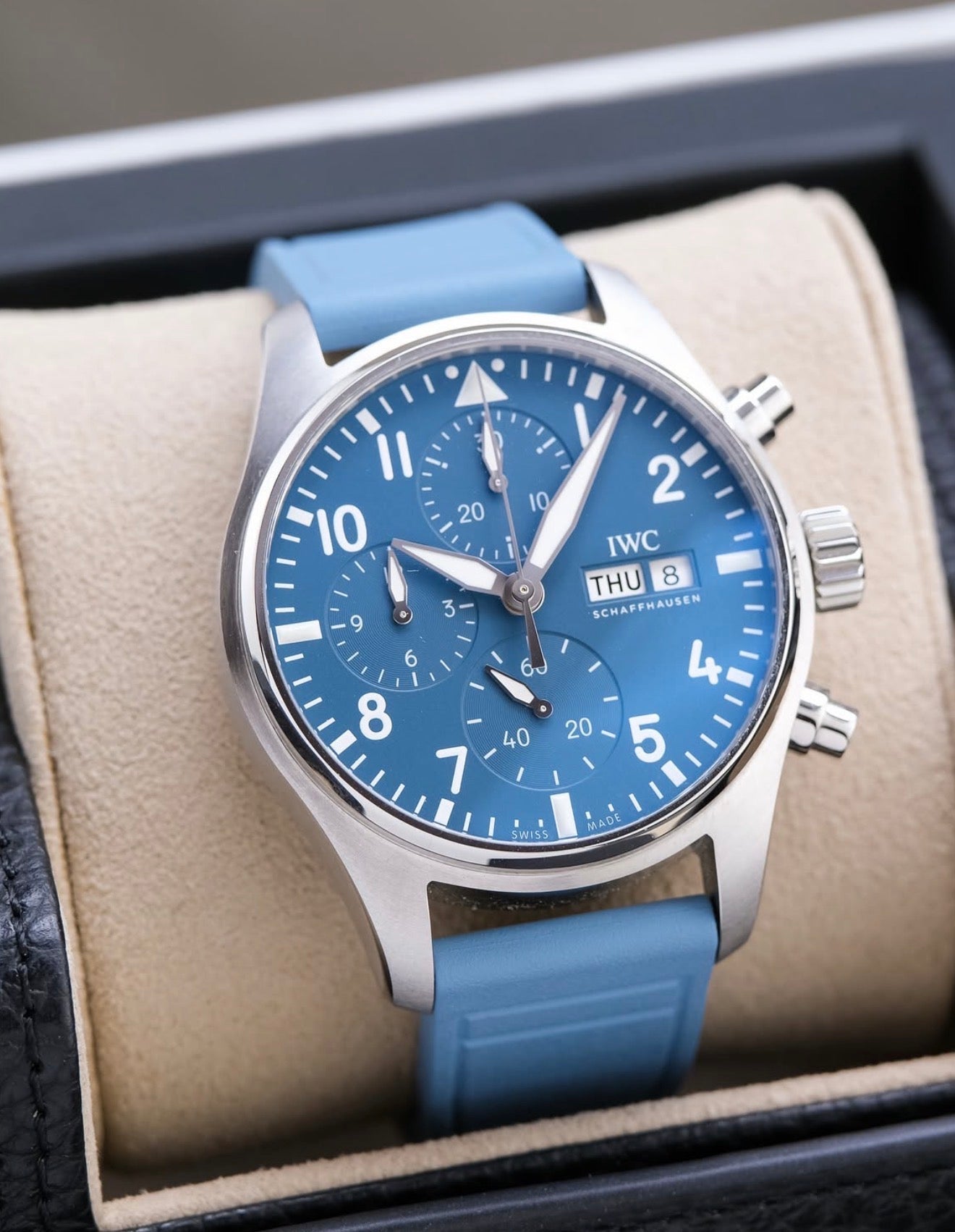 IWC Pilot’s Watch Chronograph 41 IW388117 light blue dial three-quarter view