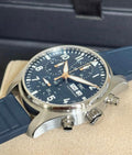 IWC IW388120 blue chronograph dial and stainless-steel case angled view