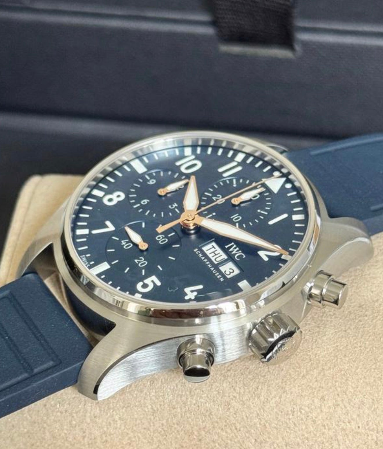 IWC IW388120 blue chronograph dial and stainless-steel case angled view