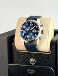 IWC IW388120 blue dial and stainless-steel case three-quarter view