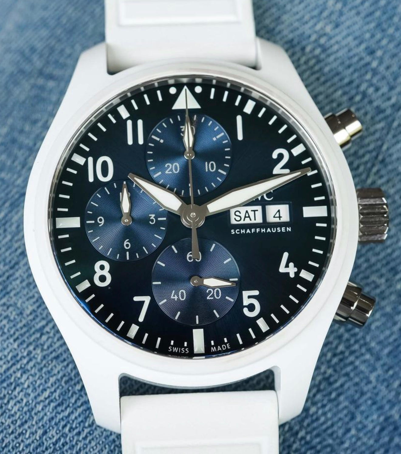 IWC Pilot’s Watch Chronograph 41 Le Petit Prince IW389410 blue dial close-up front view