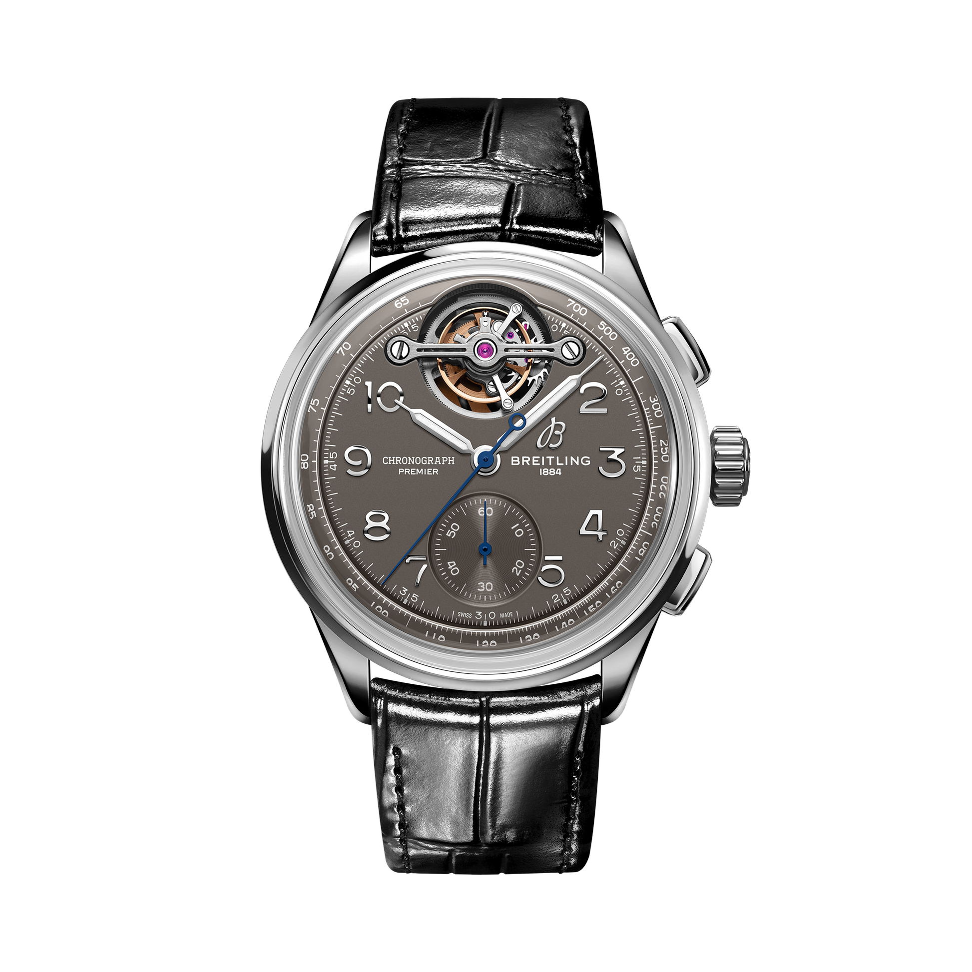 Breitling Premier B21 Chronograph Tourbillon 42 Gaston Breitling reference JB2120A61B1P1 with Anthracite dial, 18k white gold case, alligator strap, front view