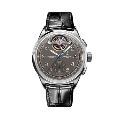 Breitling Premier B21 Chronograph Tourbillon 42 Gaston Breitling reference JB2120A61B1P1 with Anthracite dial, 18k white gold case, alligator strap, front view