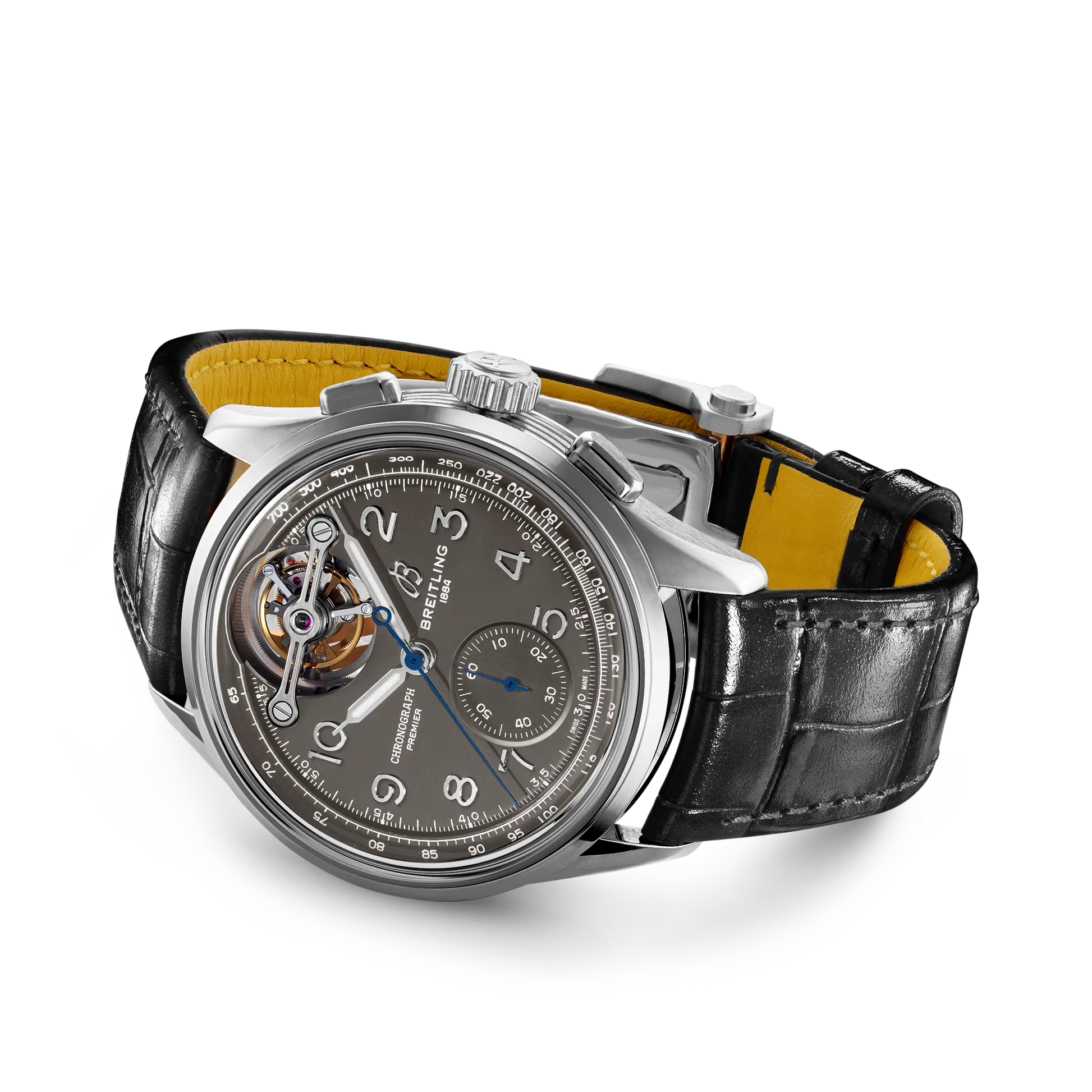 Breitling Premier B21 Chronograph Tourbillon 42 Gaston Breitling reference JB2120A61B1P1 with Anthracite dial, 18k white gold case, alligator strap, bracelet or strap configuration view